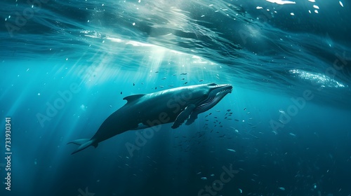A whale swims in the deep blue sea among other small fish. Generative AI © Alice a.