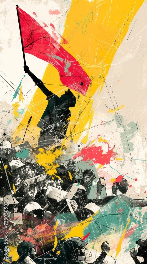 Fototapeta premium Poster of crowd of protesters, with placards and megaphone. AI generative.