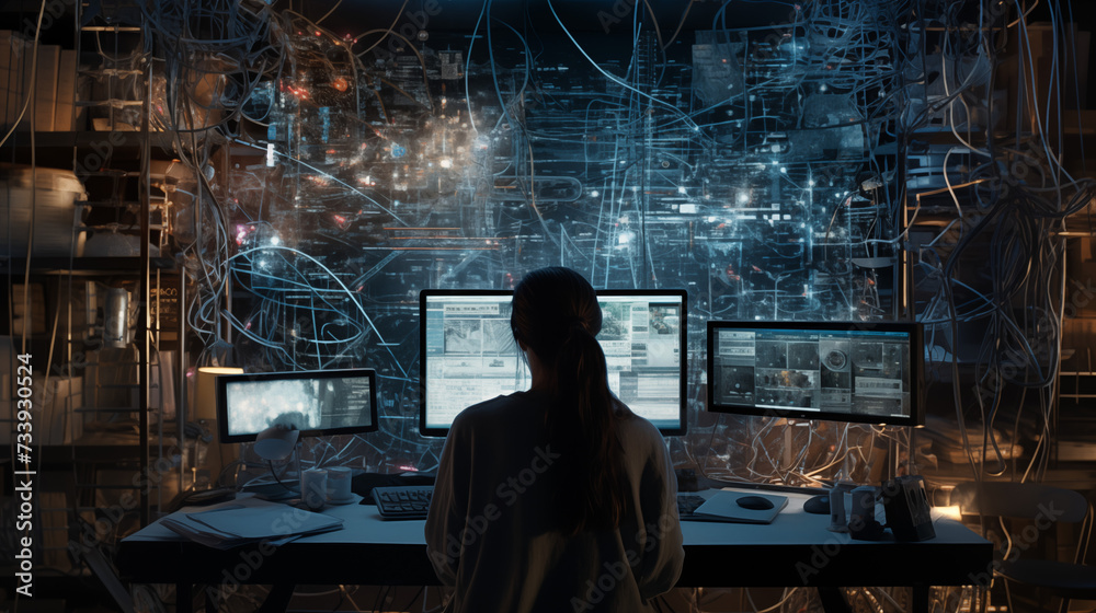 
In the realm of technology, a woman programmer engrossed in her work gazes at a computer screen, delving into the intricacies of programming and digital design.