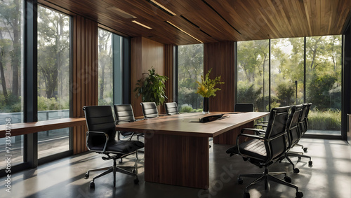 A modern office s meeting conference room  accentuated by wooden walls  beautiful office furniture  and a garden background visible through large window panes.