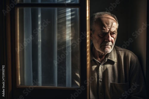 Elderly man with a pensive look gazing through window