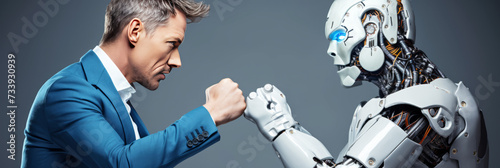 Businessman in a blue suit arm wrestling with a humanoid robot, concept of man vs machine