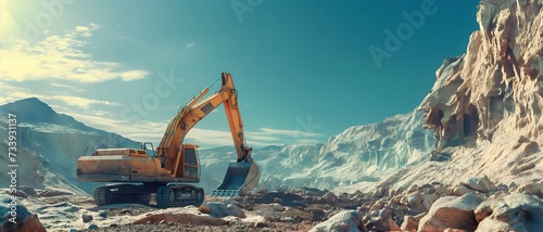 excavator loads the ground in the stone crusher machine during earthmoving works outdoors at mountains construction site. Creative Banner. Copyspace image 