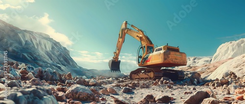 excavator loads the ground in the stone crusher machine during earthmoving works outdoors at mountains construction site. Creative Banner. Copyspace image  photo