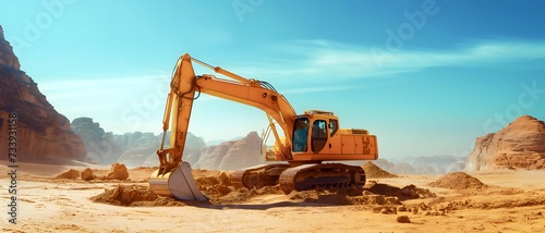 excavator loads the ground in the stone crusher machine during earthmoving works outdoors at desert construction site. Creative Banner. Copyspace image