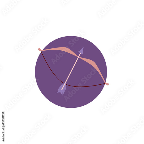 Sagittarius zodiac symbol, Astrological Horoscope zodiac icon, crossbow with arrow vector illustration in purple circle