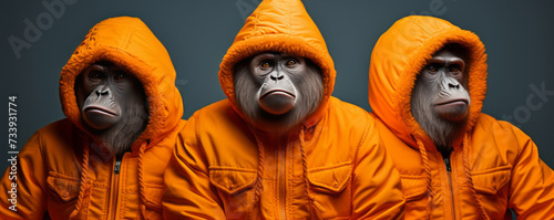 Three people in gorilla masks posing seriously in orange jackets photo