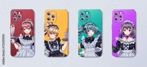 Maid cafe waitresses in uniforms printed on phone case design vector illustration set. Anime girls characters color template for smartphone cover style