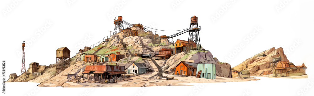 Illustration of a deserted mining town with rustic buildings and equipment