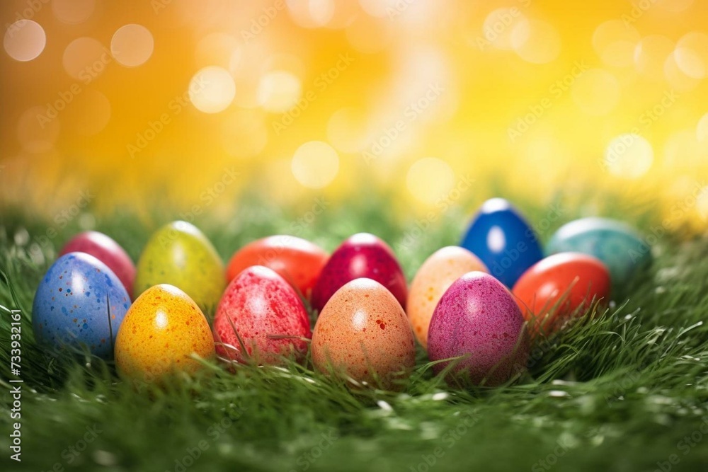 Colorful Easter eggs on grass as background header. Generative AI