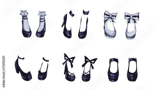 High heel shoes color vector illustration set. Anime women footwear collection on white background. Japanese manga art element style