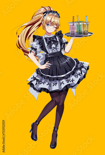 Winking blonde waitress from maid cafe color vector character. Flirting anime woman holds tray with boba tea on yellow background. Japanese style