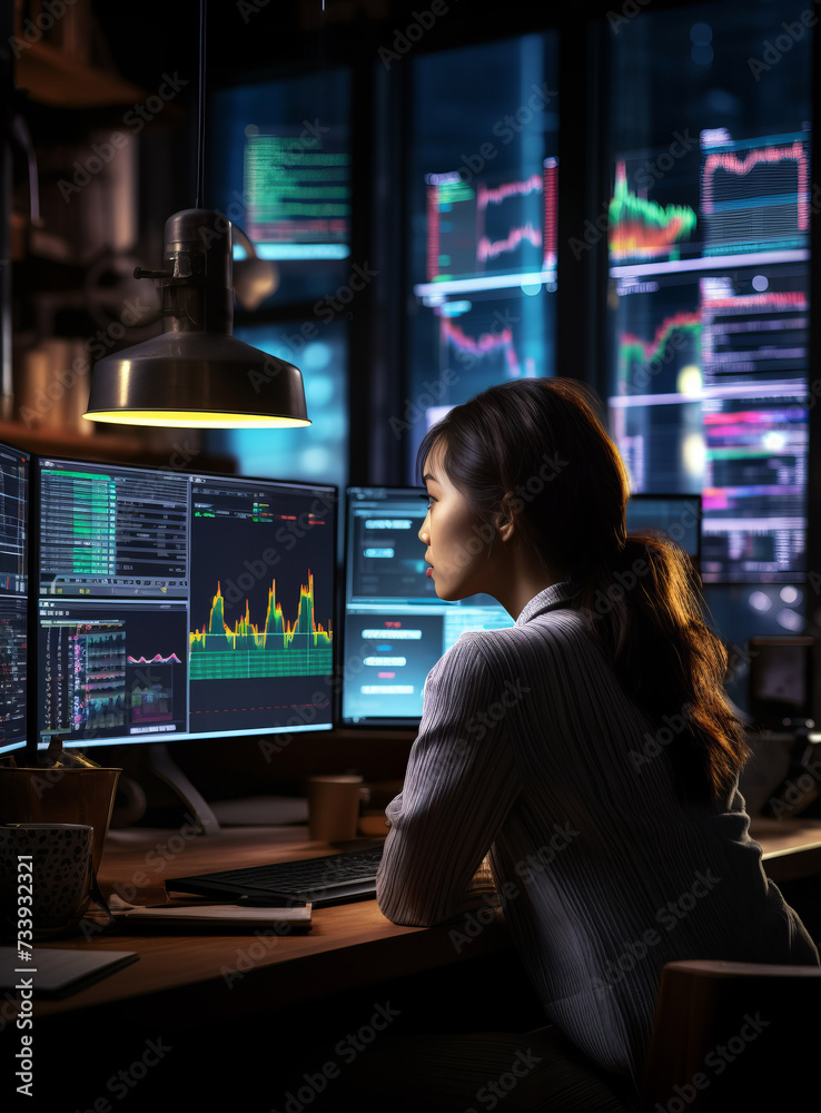 Focused woman analyzing financial markets on multiple computer screens in a dark office Focused woman analyzing financial markets on multiple computer screens in a dark office