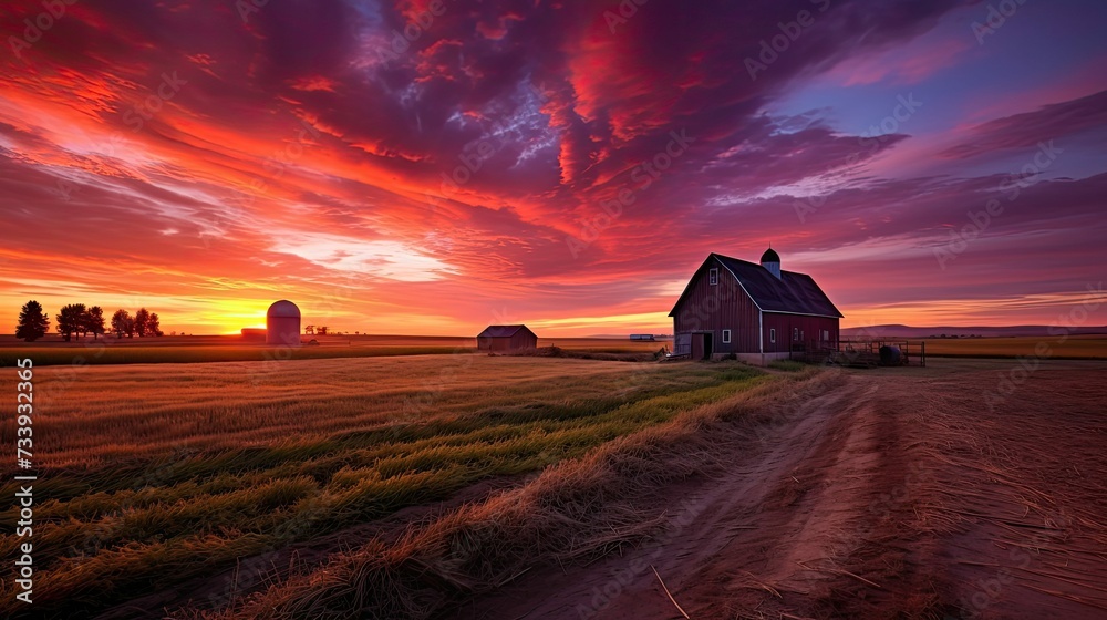 rural farm at sunset