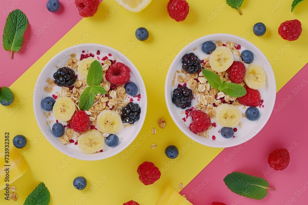 Two healthy breakfast bowl with ingredients granola fruits Greek yogurt and berries top view. Weight loss, healthy lifestyle and eating concept Two healthy breakfast bowl with ingredients granola fruits Greek yogurt and berries top view. Weight loss, healthy lifestyle and eating concept