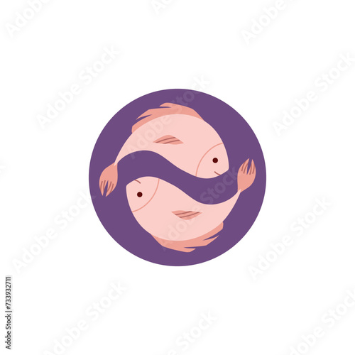 Pisces zodiac symbol, Astrological zodiac vector icon in purple circle frame, two fishes sticker, Pisces Horoscope sign
