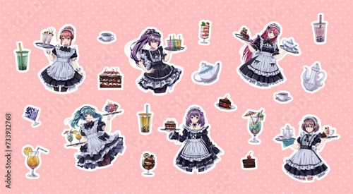 Cute girls in maid cafe uniforms crop body color vector characters set. Anime women holding desserts and drinks on trays on pink background