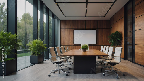 Modern office's conference room, emphasizing wooden walls, stylish office furniture, and a scenic garden background visible through expansive window glass views. © xKas