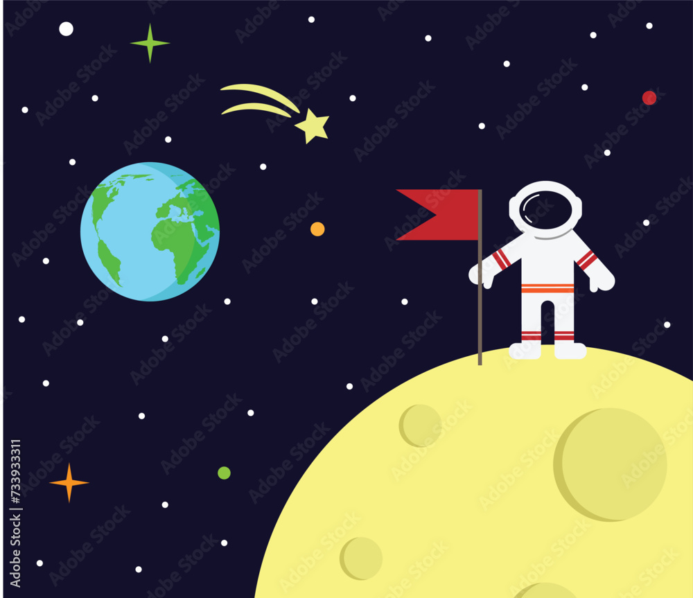 Astronaut with Flag on the Moon Flat Style. Science and space exploration concept vector