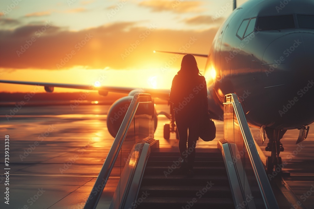 A silhouetted traveler ascends the stairs to an airplane against a vibrant sunset backdrop
