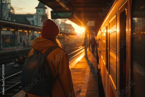 Commuter on Train Platform at Sunset Heading Towards the City