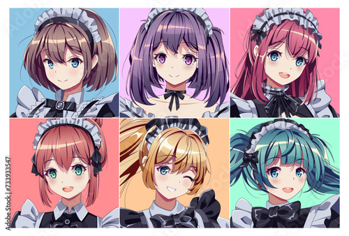 Kawaii maid cafe girls vector logo illustration set. Attractive anime women portraits on color backgrounds. Manga female characters avatars