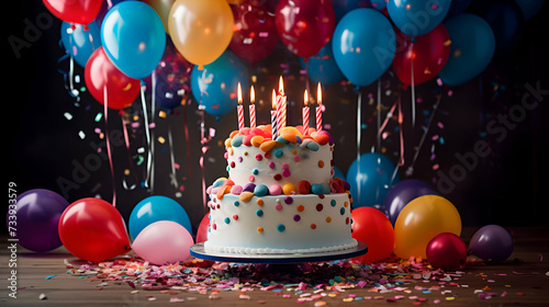 Birthday cake with candles and colorful balloons over wooden table. closeup