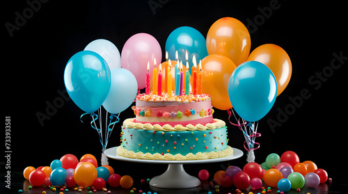 Birthday cake with candles and balloons on black background. closeup