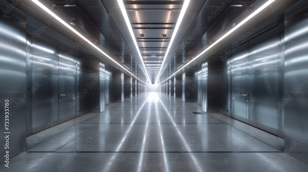 An artificial reflection and light lines in an empty hallway.