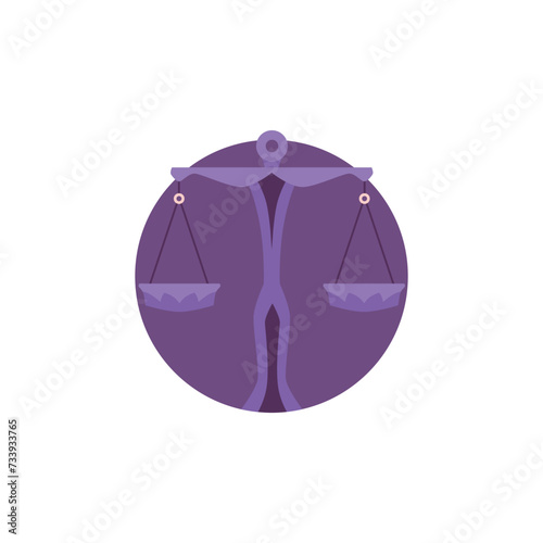 Libra zodiac sign, Horoscope Astrology zodiac symbol as a scales in a balance vector icon in purple circle frame sticker