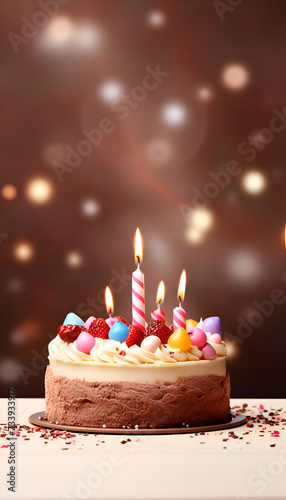 Birthday cake with burning candles on wooden table on bokeh background