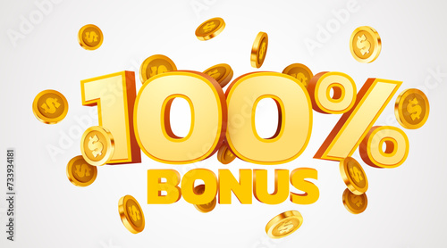 100 percents bonus. Falling golden coins. Cashback or prize concept. photo