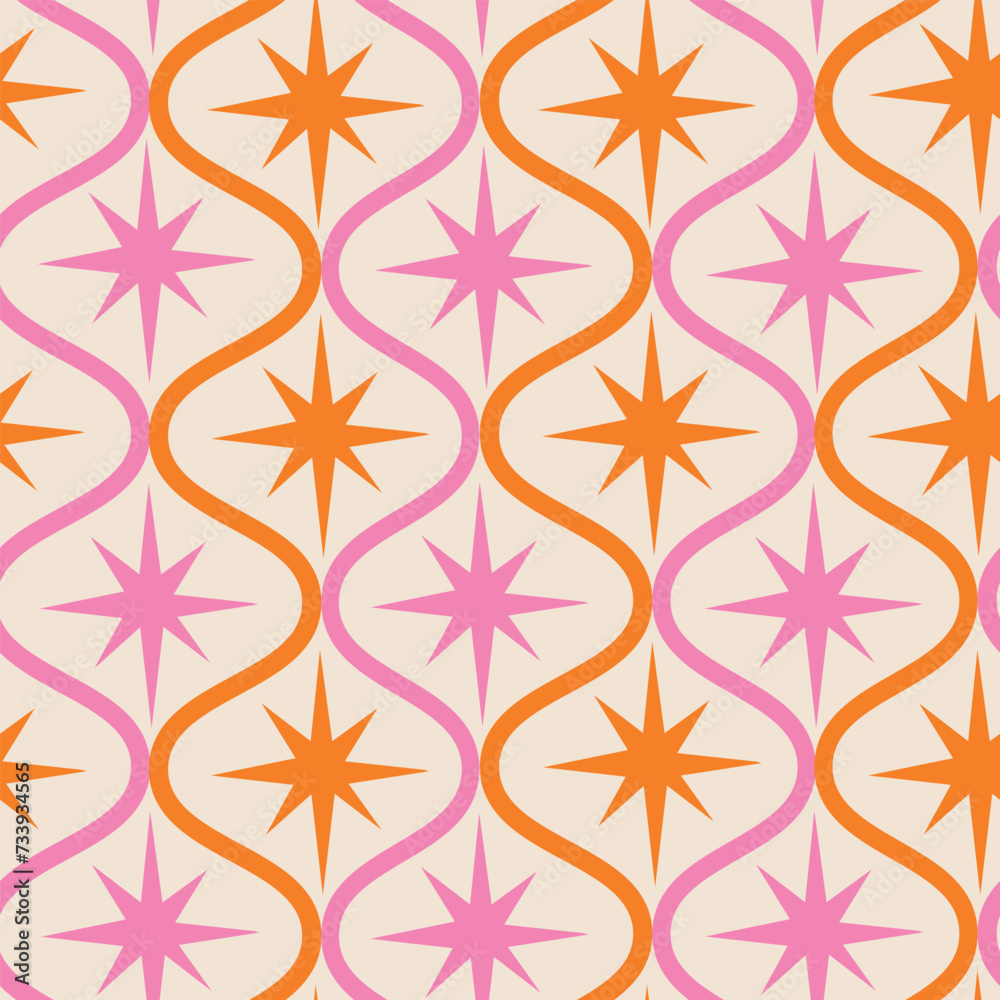 Mid century modern pink and orange atomic starbursts on retro ogee ...