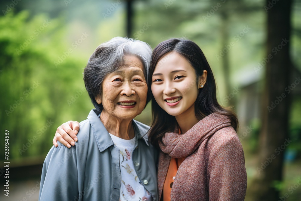 Obraz premium Cute little asian preschooler daughter hug cuddle with smiling young mother kiss show love and affection, small girl child embrace happy millennial mom or nanny, share close intimate moment together