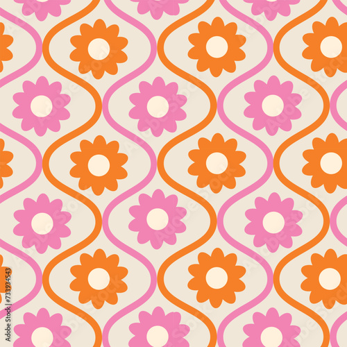 Retro groovy orange and pink flowers on mid century ogee seamless pattern. For wallpaper, home décor and fabric