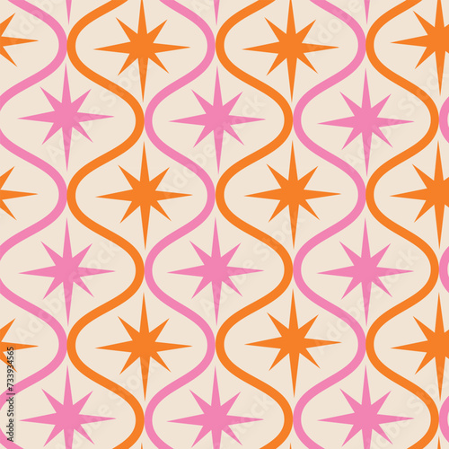 Mid century modern pink and orange atomic starbursts on retro ogee shapes seamless pattern on white background . For wallpaper, home décor, wrapping paper and fabric