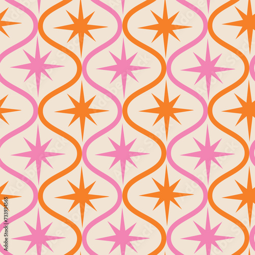 Mid century modern pink and orange atomic starbursts on retro ogee shapes seamless pattern on white background . For wallpaper, home décor, wrapping paper and fabric