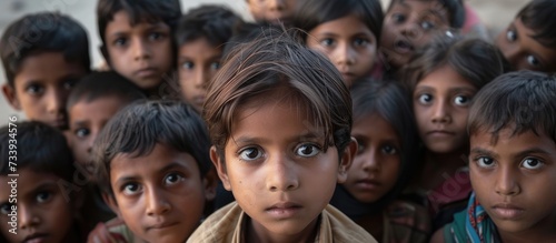 Children from an underprivileged background looking directly at the camera. photo