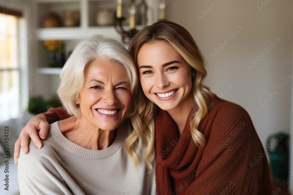 Happy blonde elderly mom and young daughter woman posing at home, looking at camera with toothy smiles, laughing, hugging, enjoying warm family relationship, bonding. Head shot portrait Happy blonde elderly mom and young daughter woman posing at home, looking at camera with toothy smiles, laughing, hugging, enjoying warm family relationship, bonding. Head shot portrait