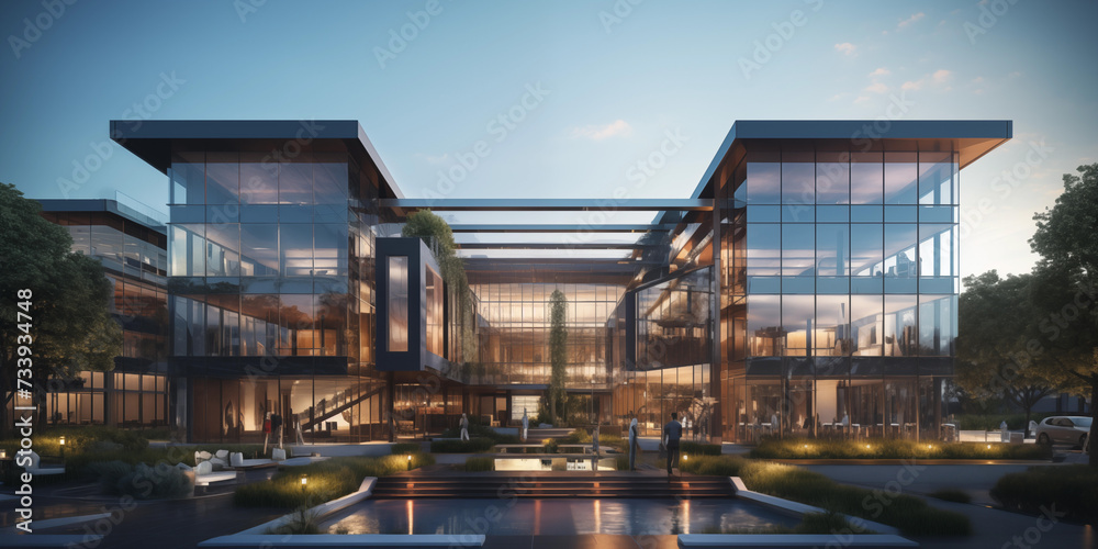 Realistic commercial building with sleek glass facade, Photo of a modern office building with a sleek and minimalist design headquarters or large office under a blue sky