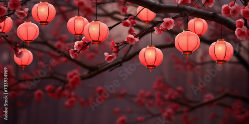 Chinese new year, Sakura branches of blossoming against with a Chinese lanterns of blurred background, on a gradient background a paper lantern decoration with a space for text