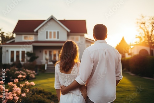 Rear view of young married couple chooses and buys house