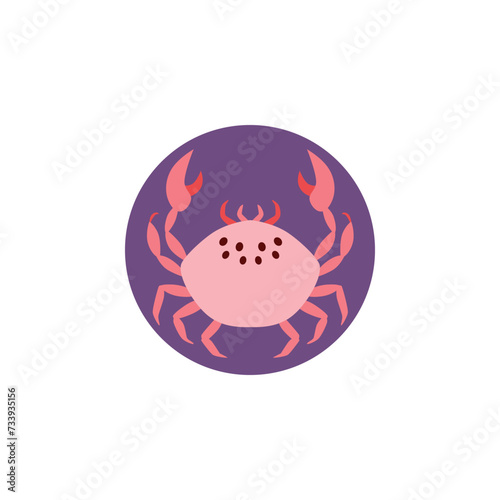 Cancer zodiac sign, Horoscope zodiac symbol, Astrology zodiac icon in purple circle frame, wild crayfish animal sticker