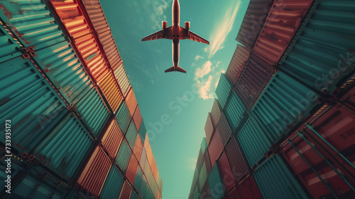 Global business logistic and transportation import export goods. Container cargo freight ship at international port. Cargo plane flying above truck shipping container. Logistic industry photo