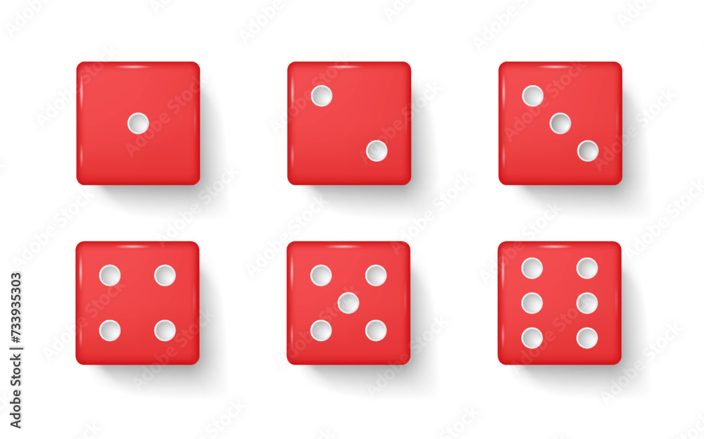 Red gambling dices realistic vector illustration set. Plastic cubes with dot numbers for playing 3d elements on white background. Casino items Red gambling dices realistic vector illustration set. Plastic cubes with dot numbers for playing 3d elements on white background. Casino items