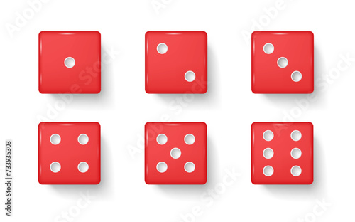 Red gambling dices realistic vector illustration set. Plastic cubes with dot numbers for playing 3d elements on white background. Casino items