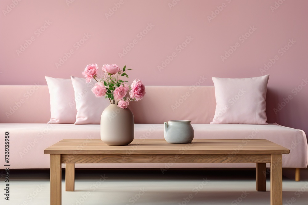 Minimal living room with wooden coffee table near sofa close-up. Interior in trendy pink colors Minimal living room with wooden coffee table near sofa close-up. Interior in trendy pink colors