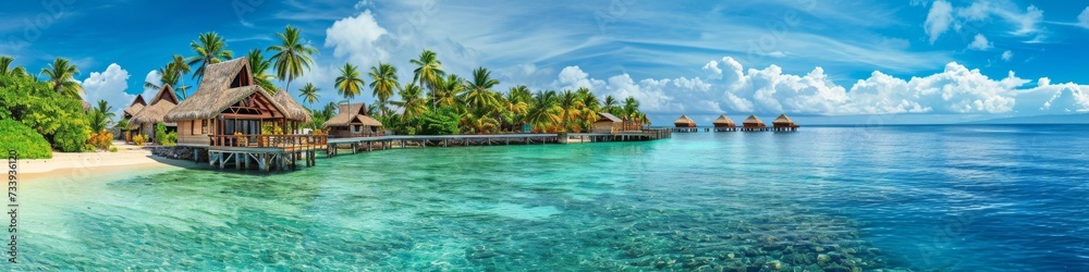 Tropical island resort panorama,  with overwater bungalows and pristine beaches
