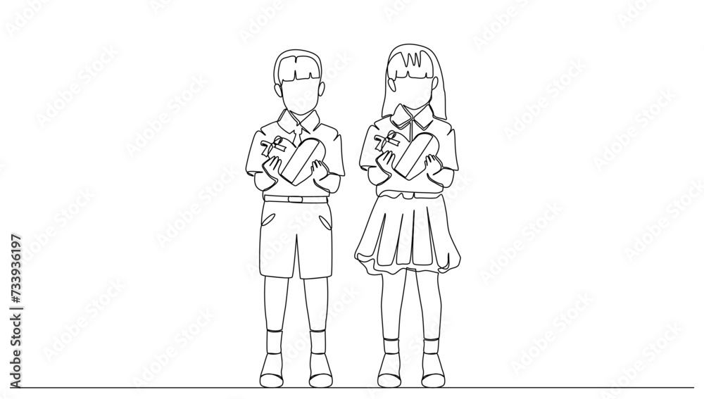 continuous line drawing of two little boys and a girl standing with heart shaped chocolates on valentine's day, isolated valentine's day celebration concept continuous line drawing of two little boys and a girl standing with heart shaped chocolates on valentine's day, isolated valentine's day celebration concept
