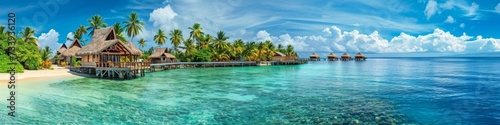 Tropical island resort panorama, with overwater bungalows and pristine beaches